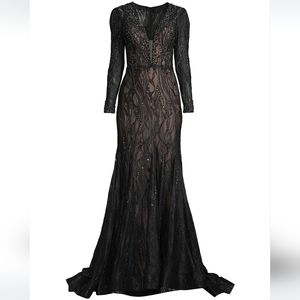 NEW Mac Duggal Illusion black beaded gown 79291